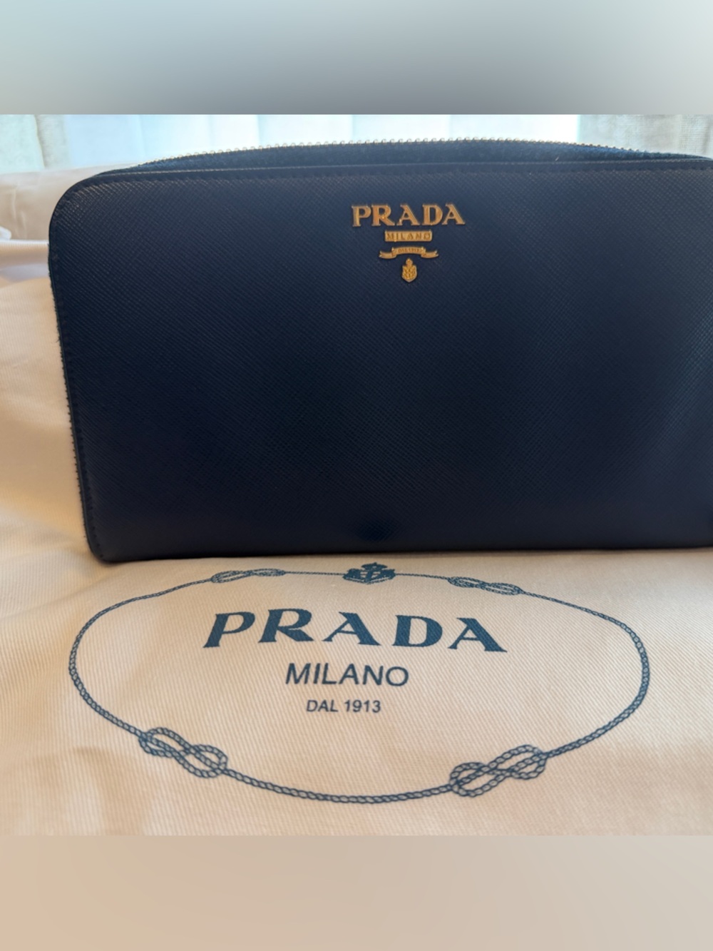 Prada Navy Saffiano Zip Wallet with Gold Logo - Picture 9 of 9